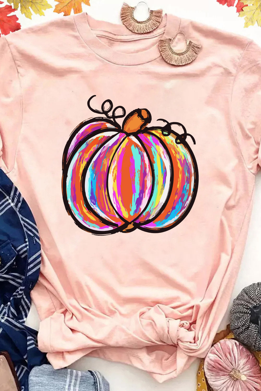 Pink Colorful Pumpkin Graphic Casual T-shirt