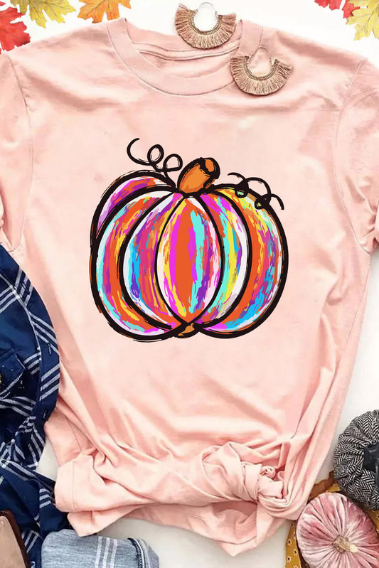 Pink Colorful Pumpkin Graphic Casual T-shirt