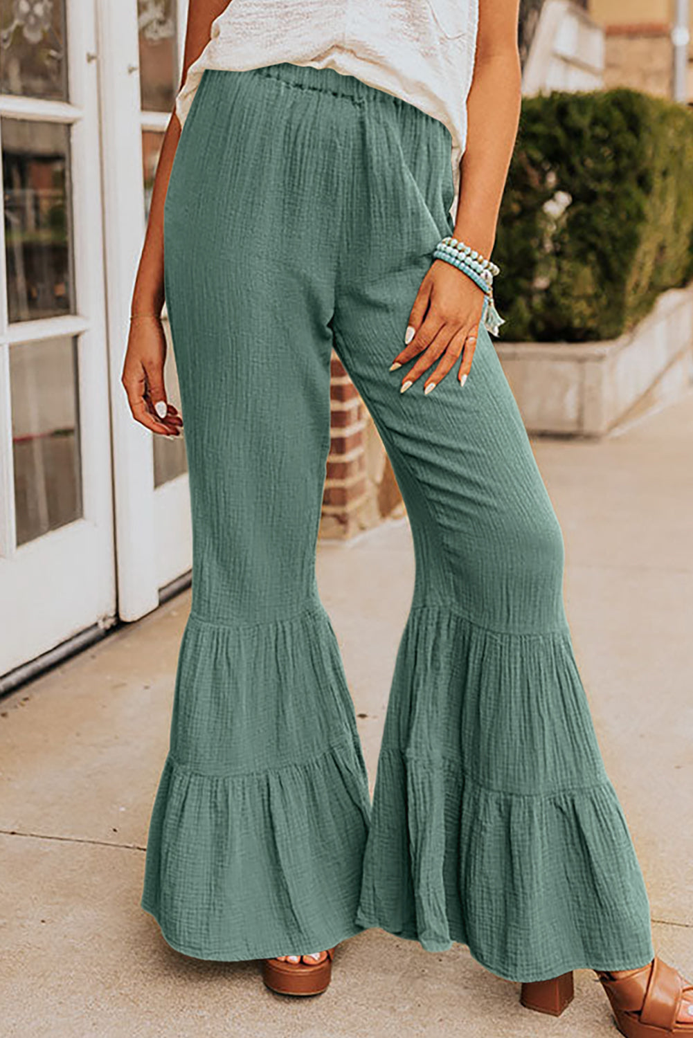 Wholesale Green Ruffle High Waist Flared Pants