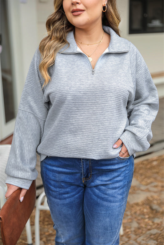 Light Plus Size Grey Quarter Zipper Collared Ribbed Knit Top