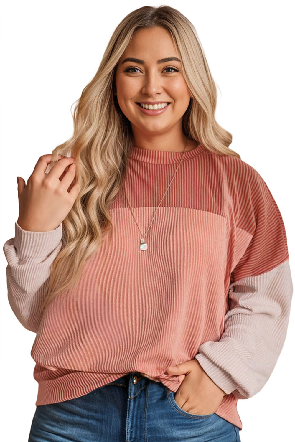 Mineral Red Plus Size Ribbed Colorblock Long Sleeve Top