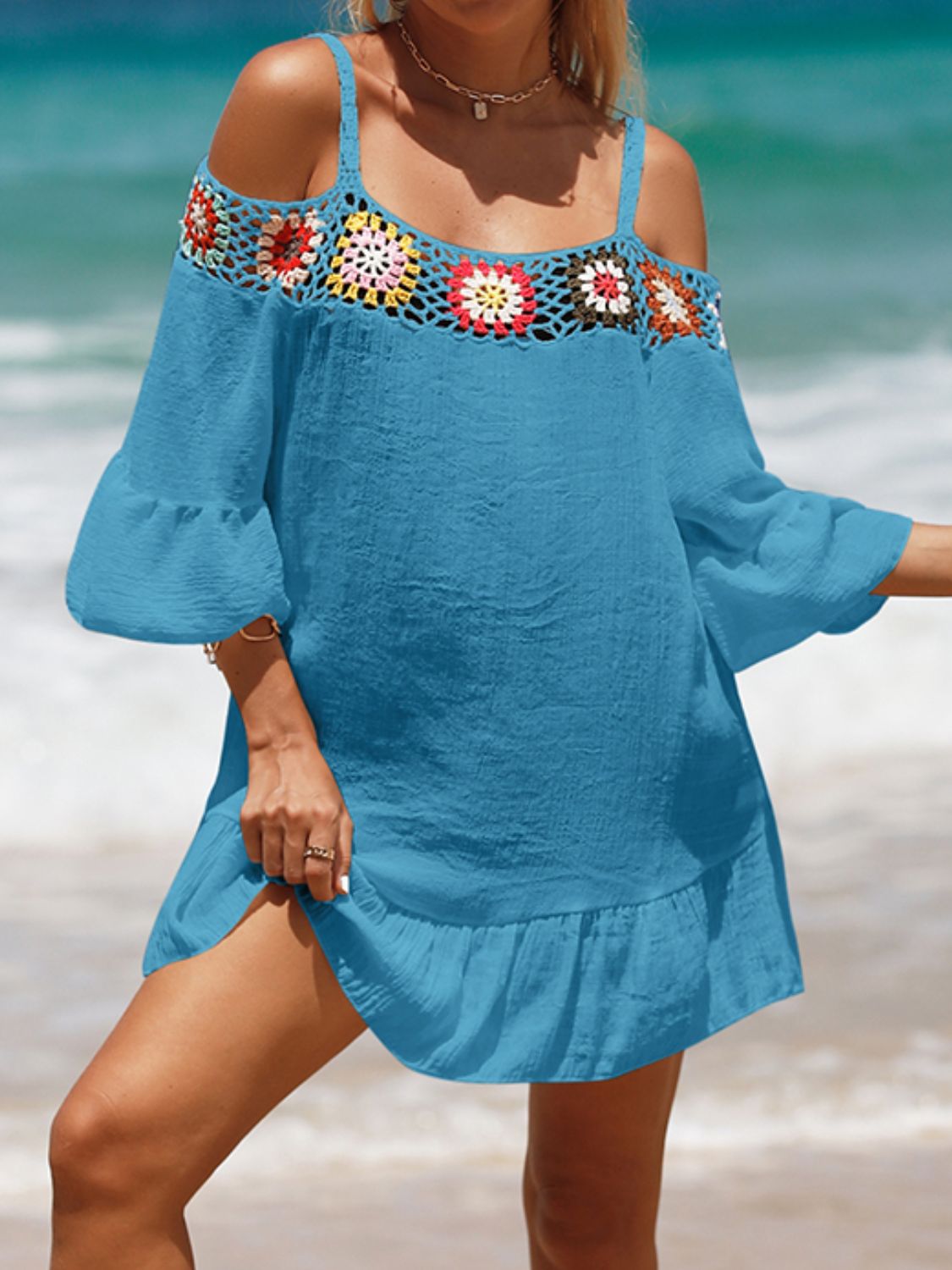 Crochet Cold Shoulder Three-Quarter Sleeve Cover Up