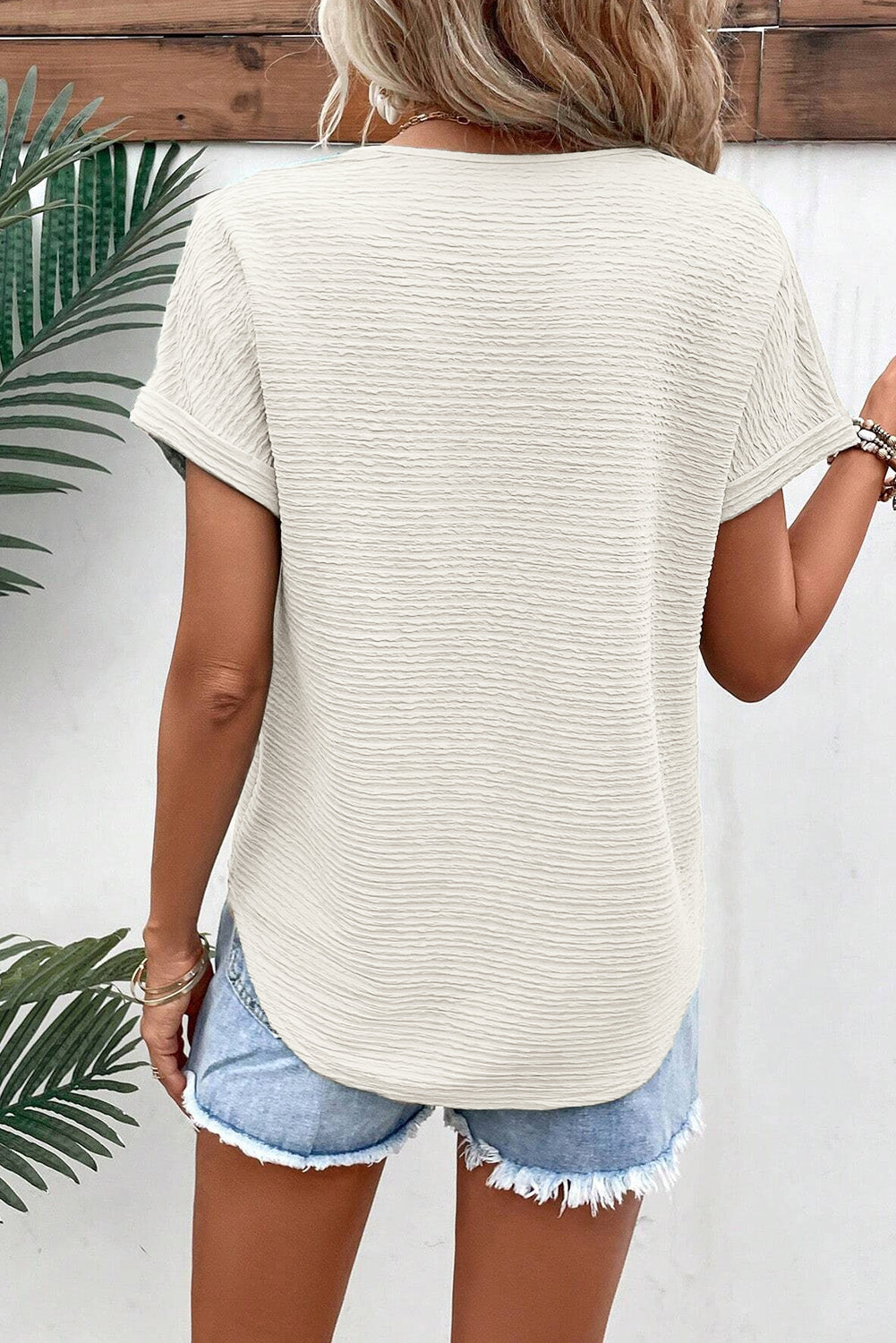 Pale Khaki Solid Color V-Neck Textured T Shirt