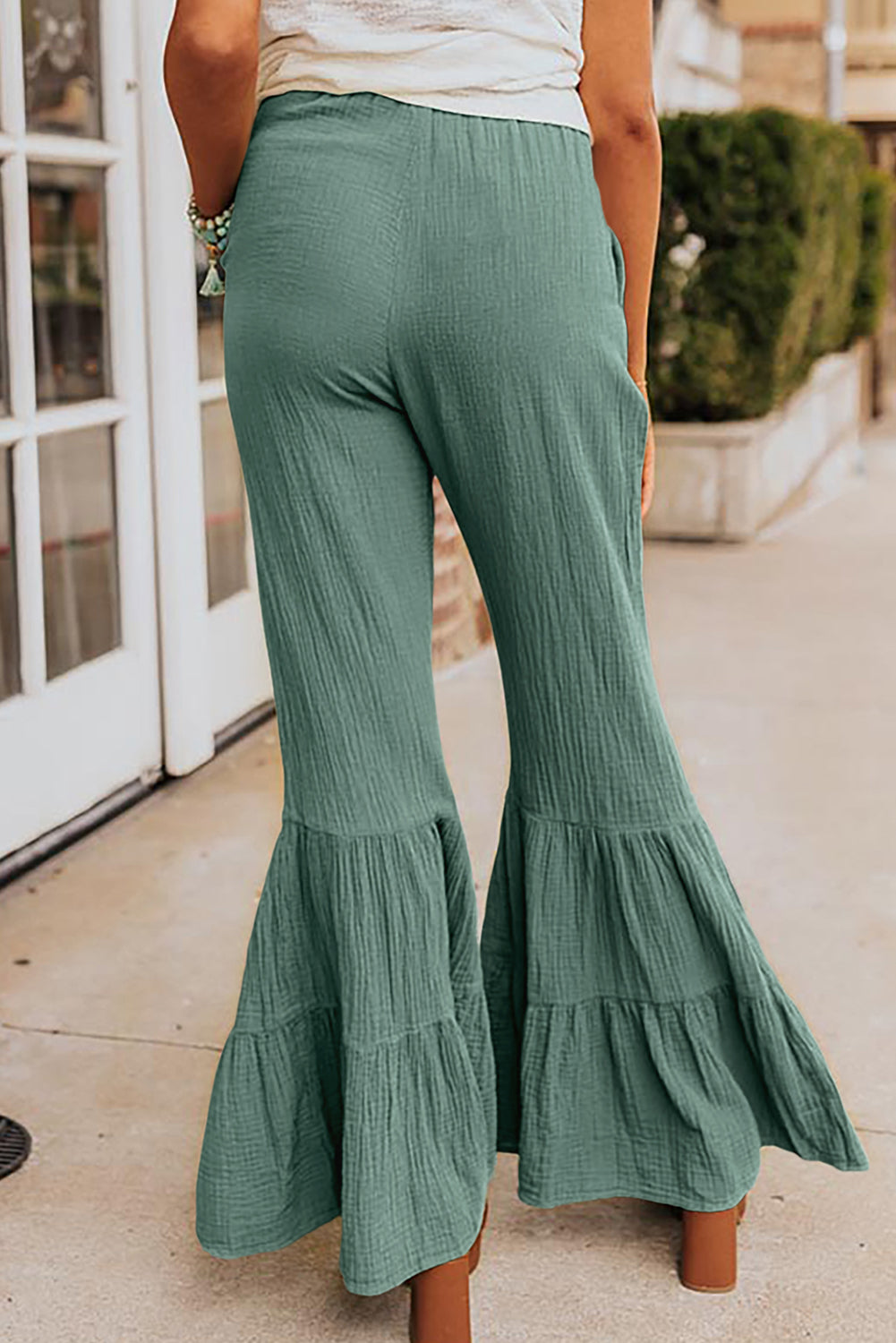 Wholesale Green Ruffle High Waist Flared Pants