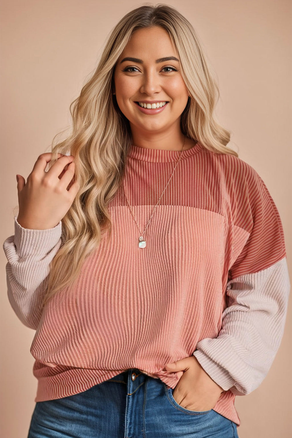 Mineral Red Plus Size Ribbed Colorblock Long Sleeve Top