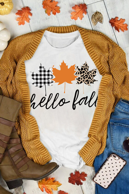 White Hello Fall Maple Leaves Casual Short Sleeve Graphic Tee