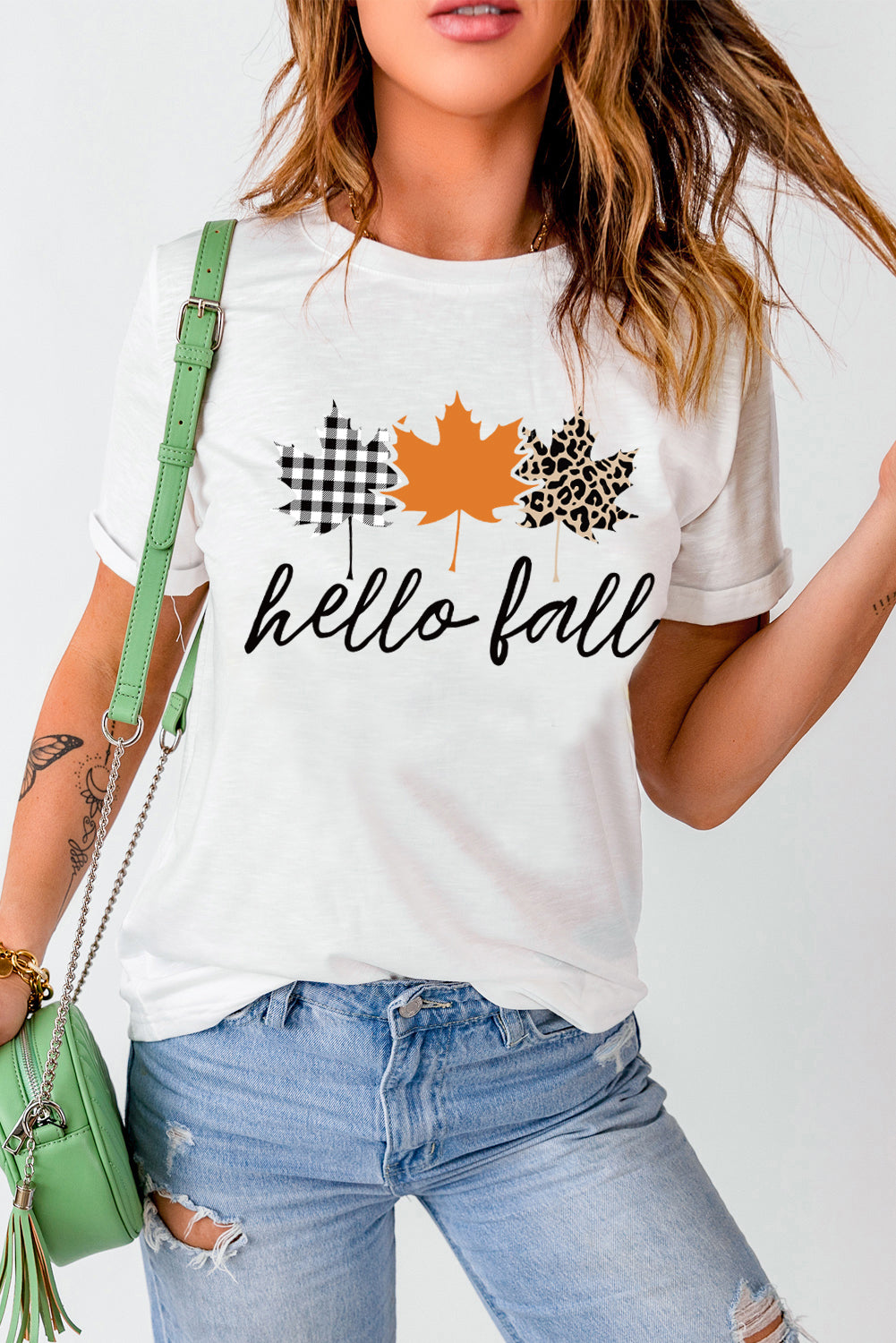 White Hello Fall Maple Leaves Casual Short Sleeve Graphic Tee