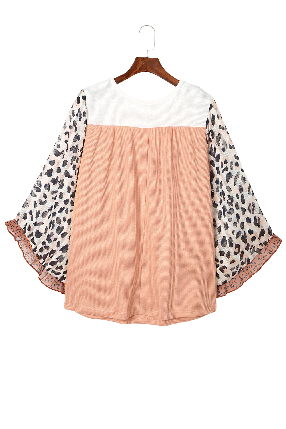 Khaki Plus Ruffle Leopard Sleeve Waffled Color Block Top