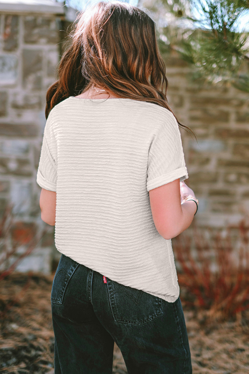 Pale Khaki Solid Color V-Neck Textured T Shirt