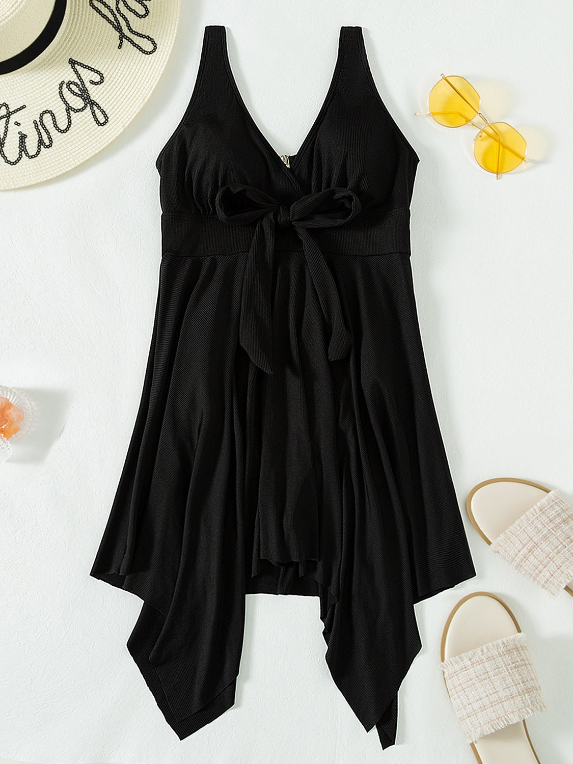 Tied V-Neck Wide Strap One-Piece Swimwear