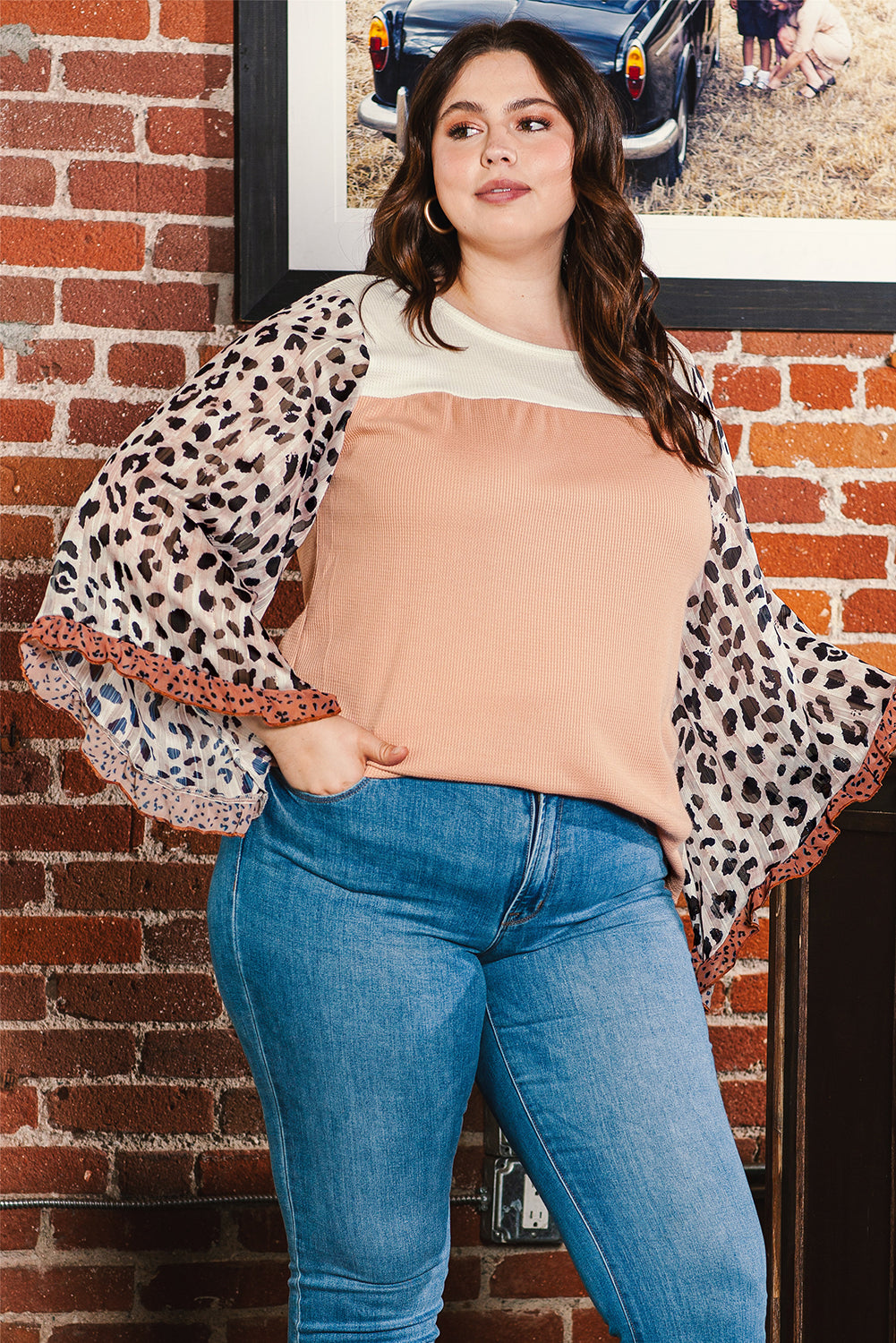 Khaki Plus Ruffle Leopard Sleeve Waffled Color Block Top