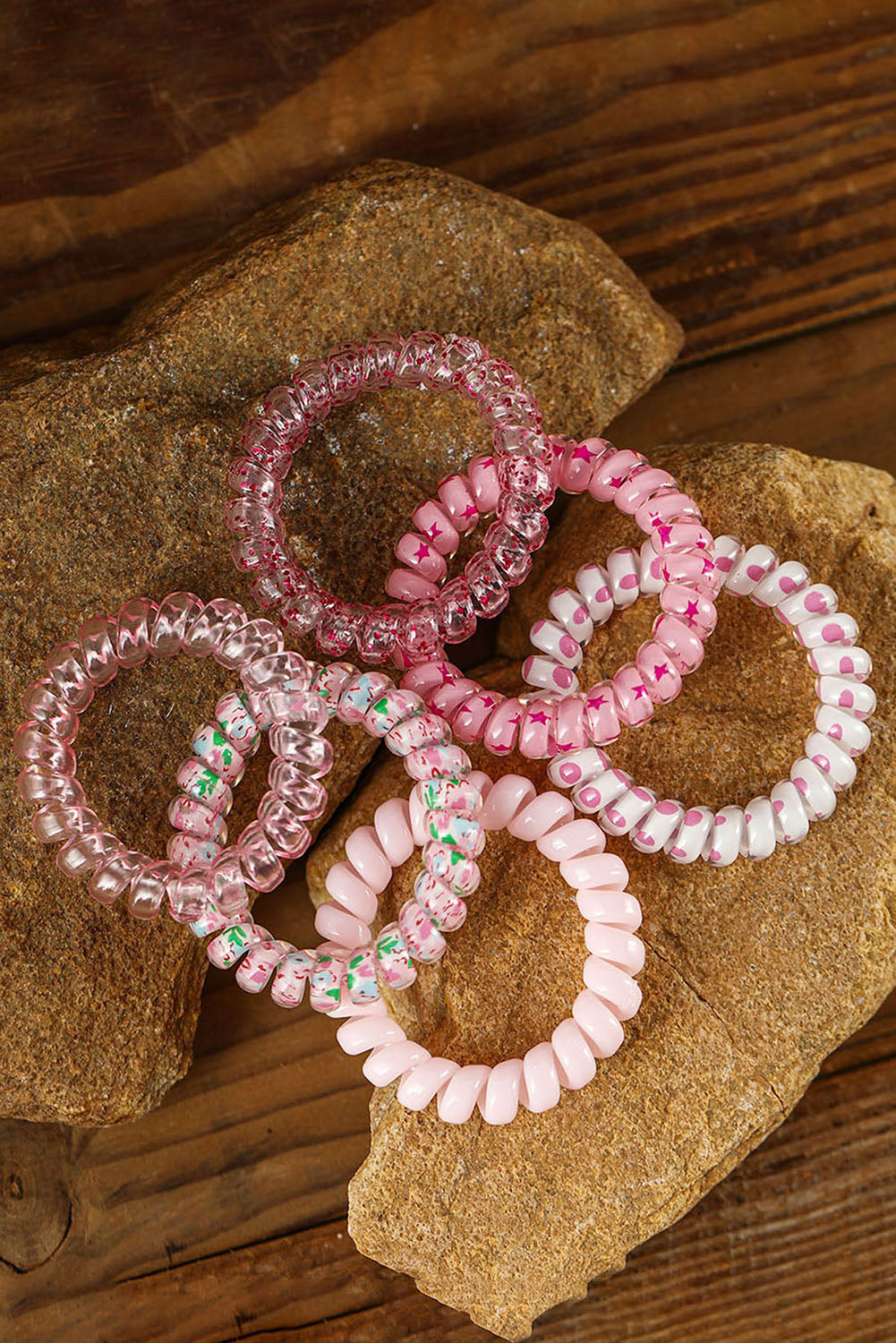 Pink 6Pcs Cute Gradient Starry Dotty Phone Cord Scrunchie Set