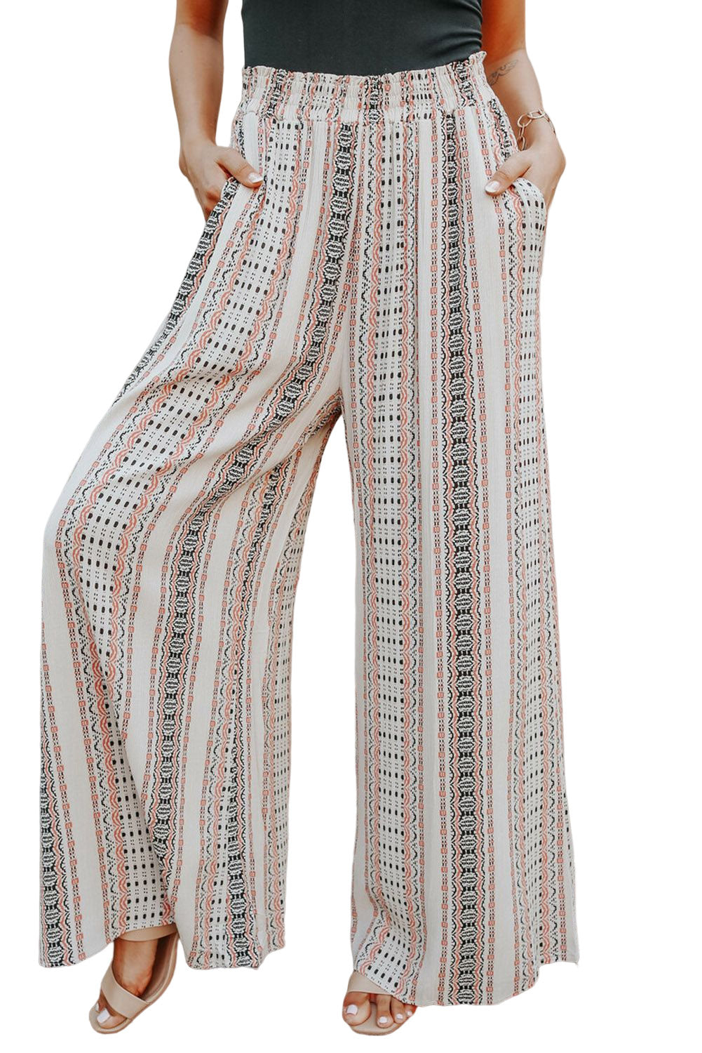 Beige Geometric Print Casual Shirred Wide Leg Pants