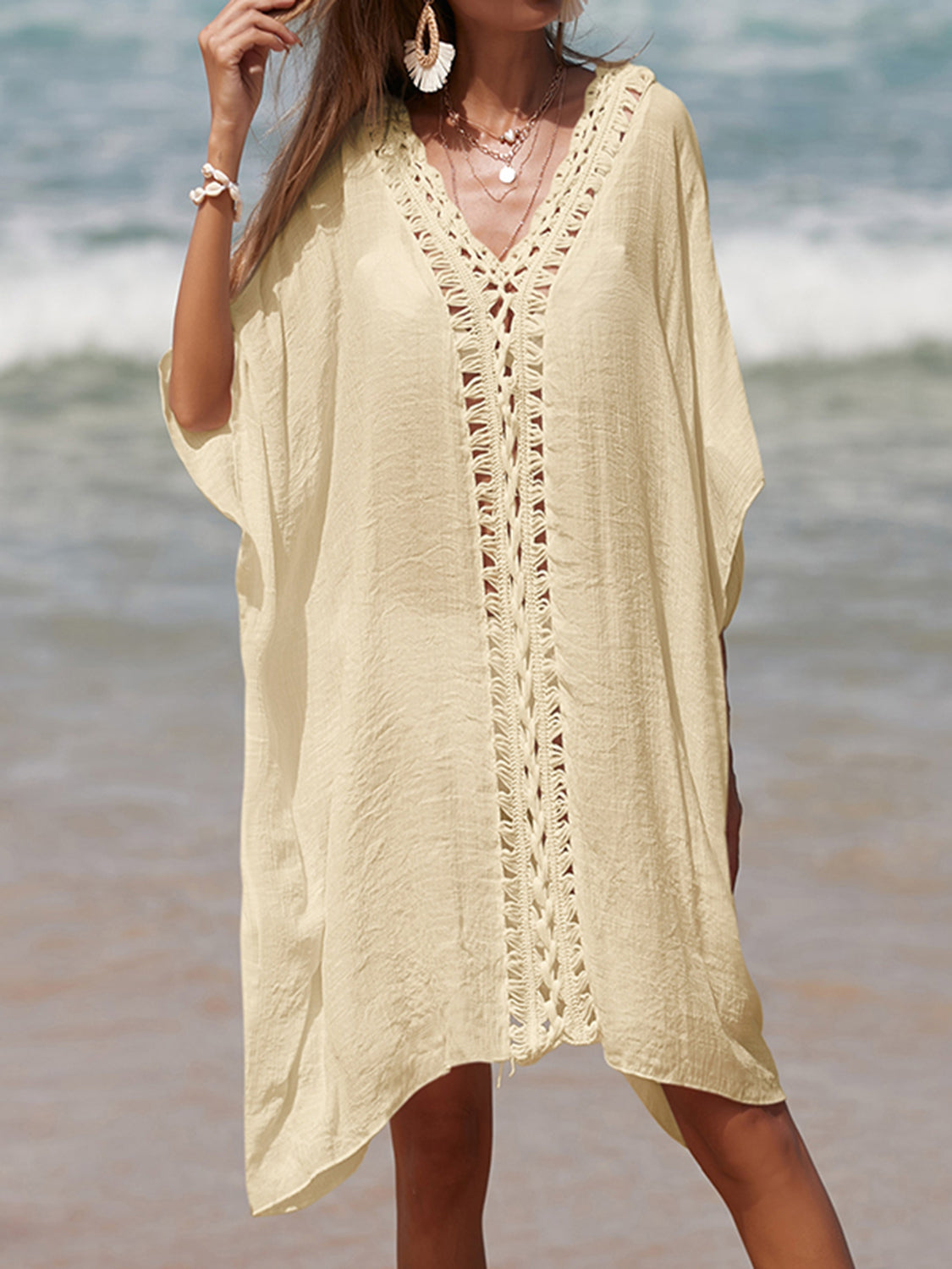 Cutout V-Neck Three-Quarter Sleeve Cover Up