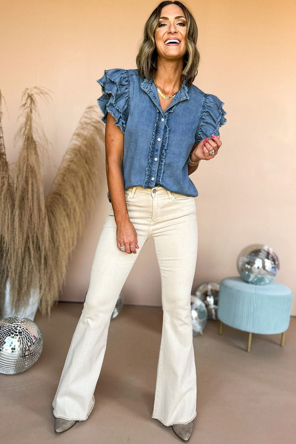 Wholesale Ashleigh Blue Button Front Ruffled Flutter Frayed Denim Top